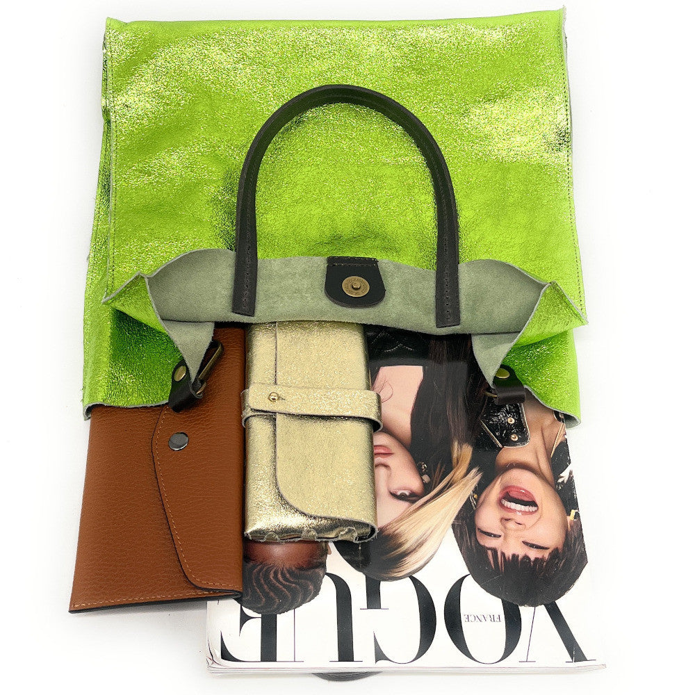 Sac cabas en cuir irisé SILVER Vert anis irisé