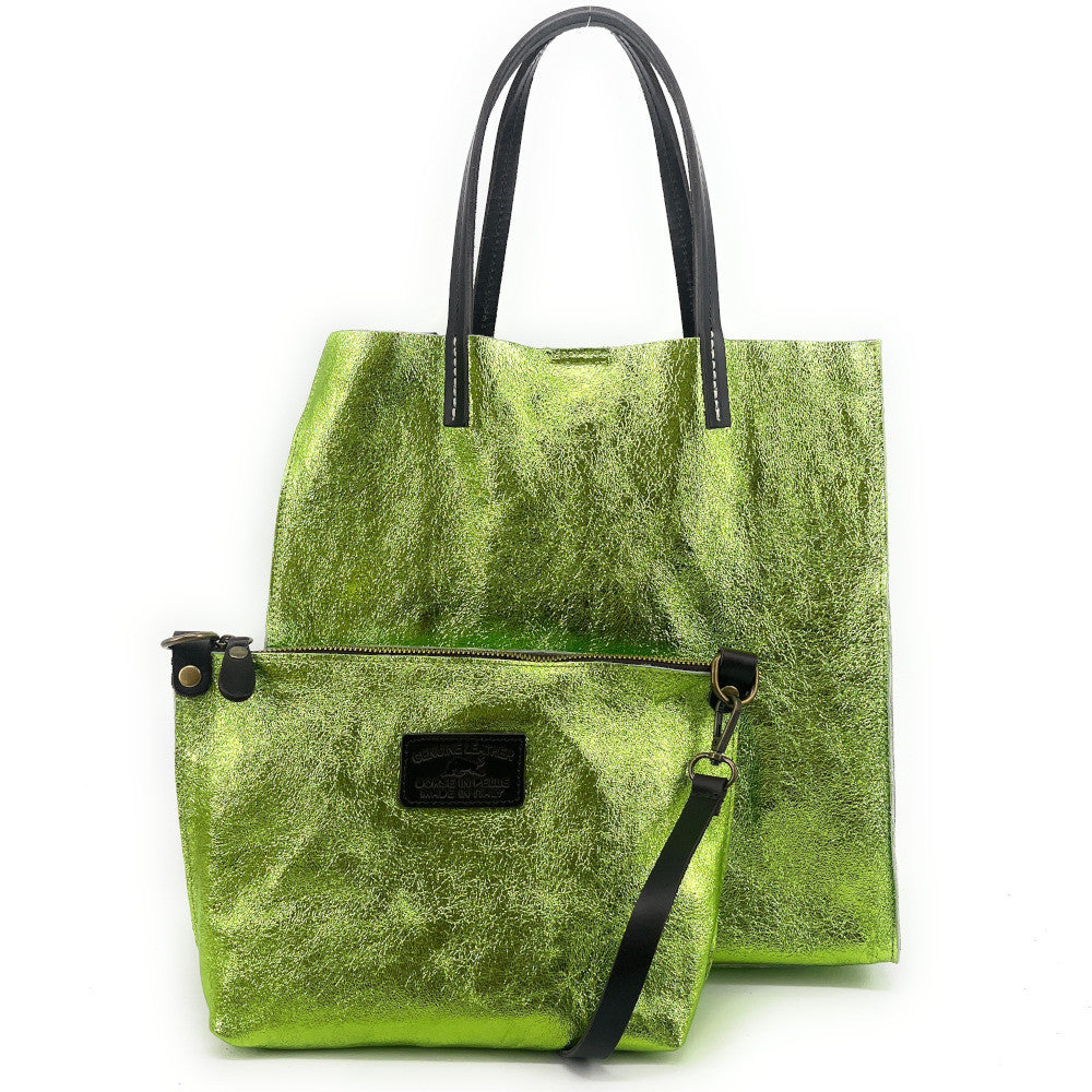 Sac cabas en cuir irisé SILVER Vert anis irisé