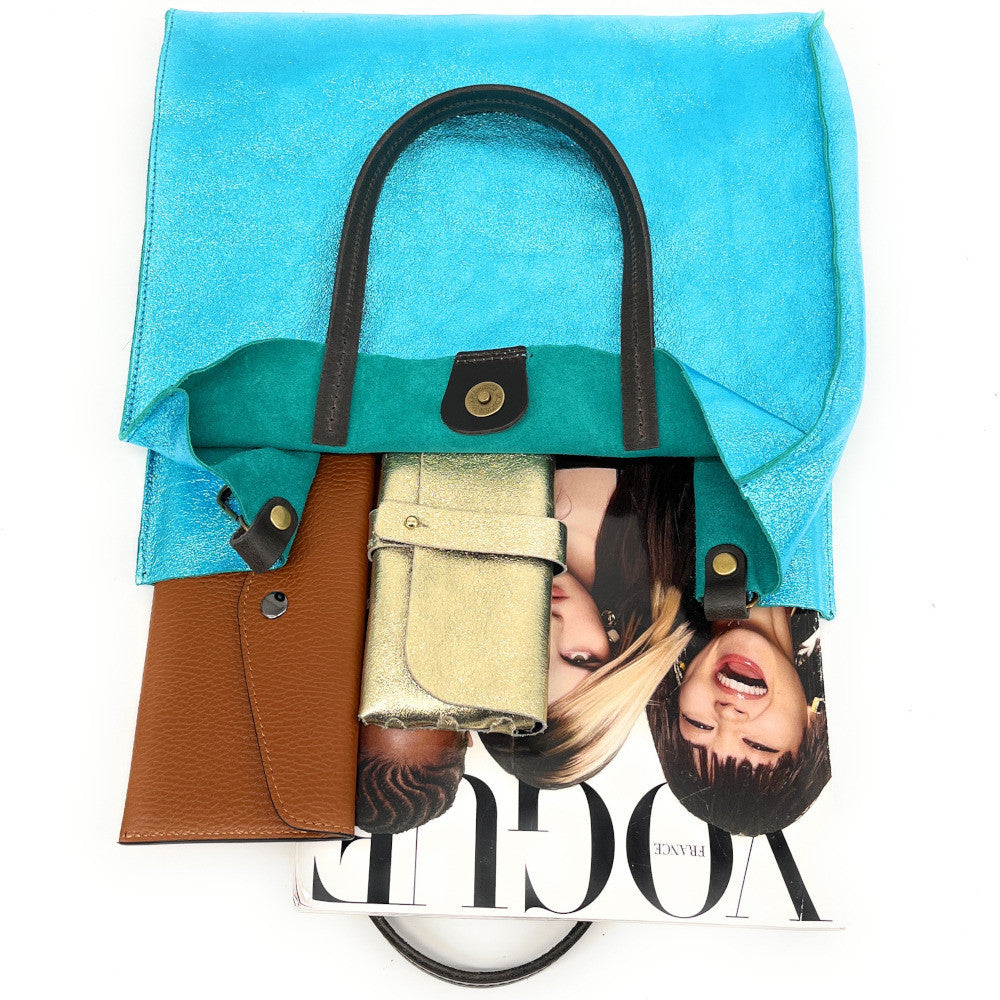 Sac cabas en cuir irisé SILVER Turquoise irisé