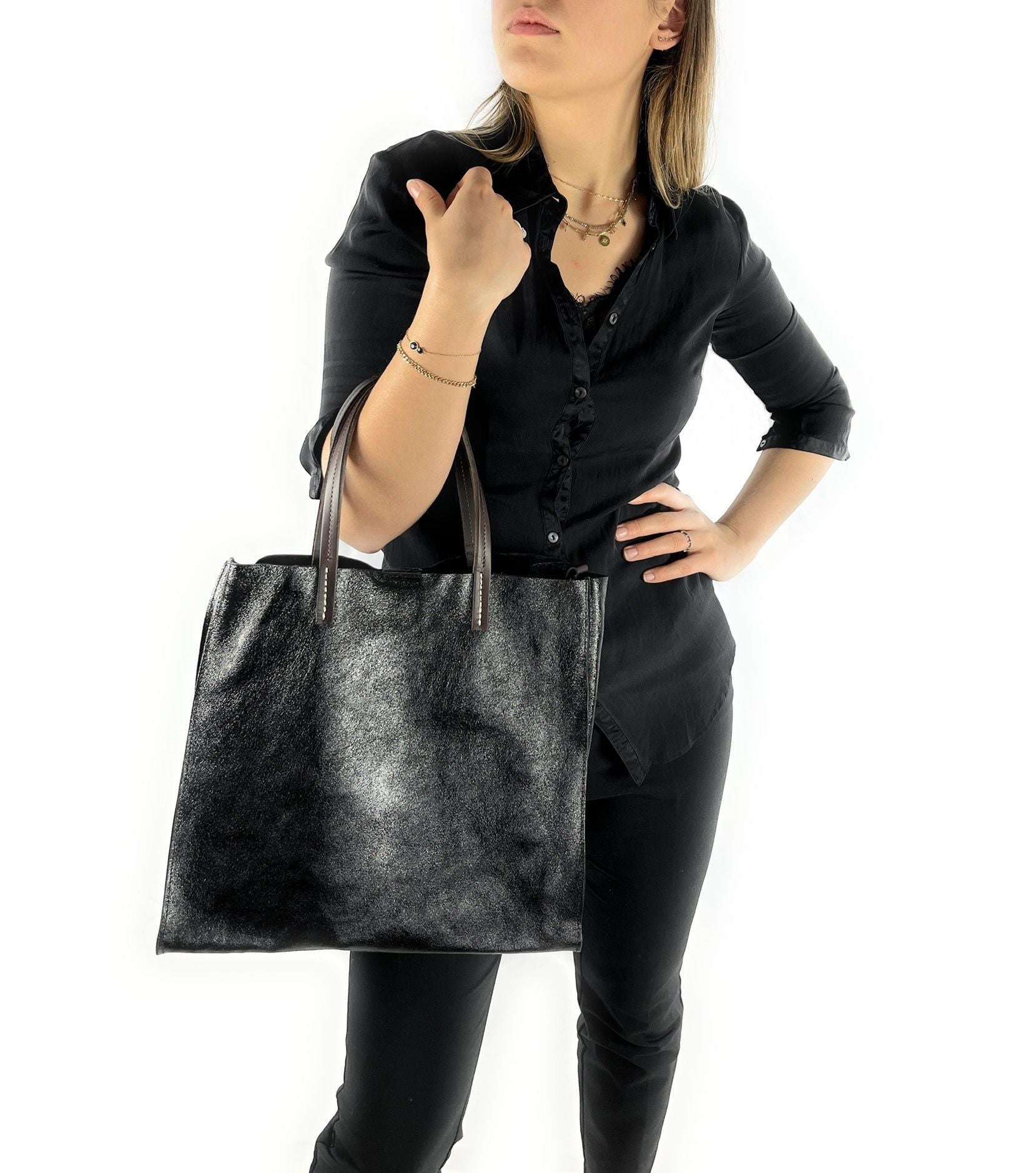 Sac cabas en cuir irisé SILVER Noir irisé