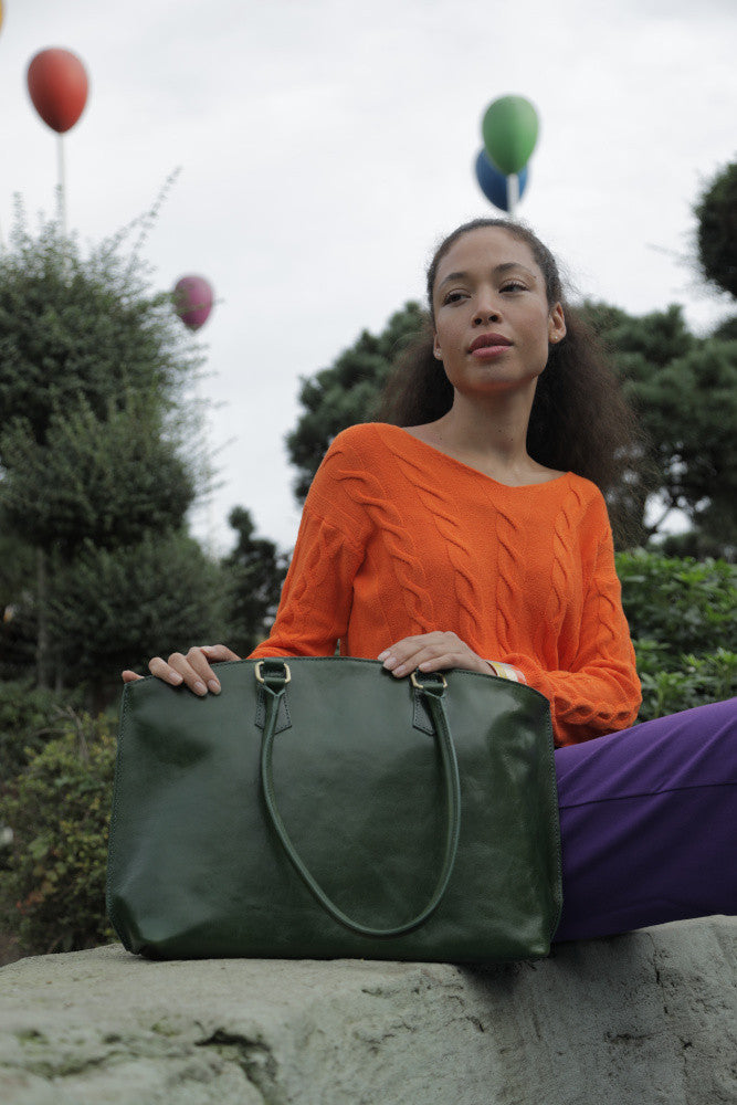 Grand sac cabas en cuir lisse GREENWICH Vert forêt