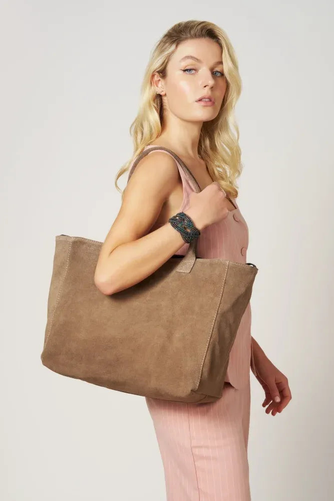 Sac cabas en croûte de cuir SASHA Taupe foncé