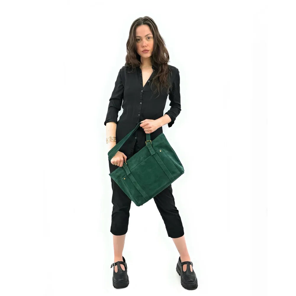 Sac cabas en croûte de cuir TOKYO Vert forêt