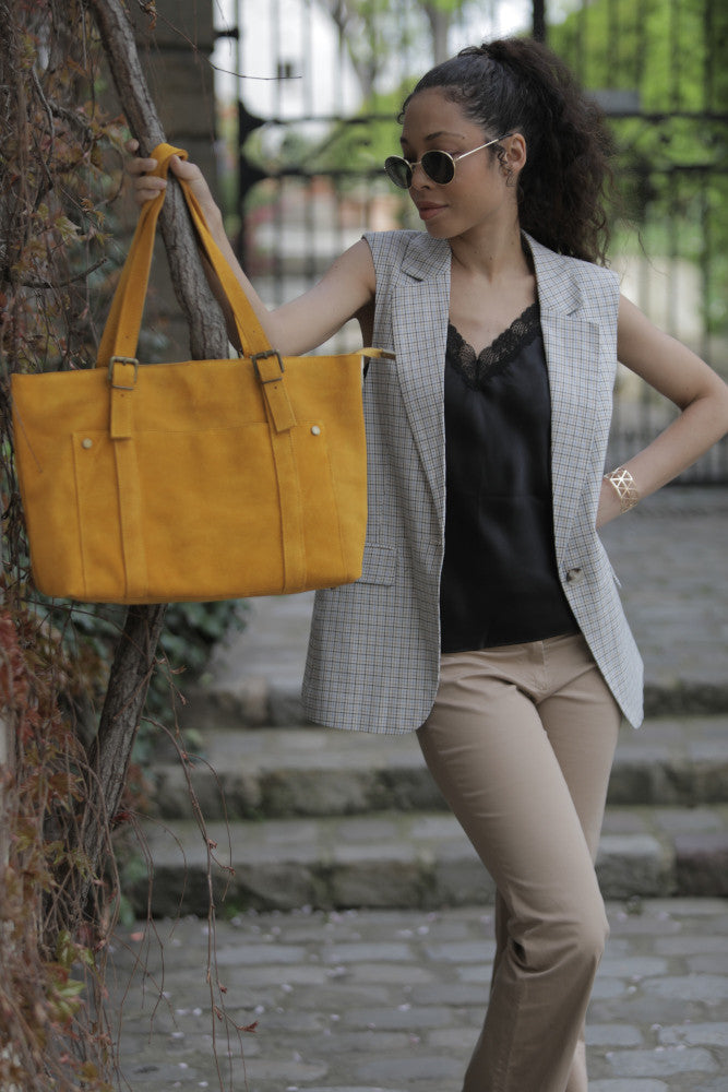 Sac cabas en croûte de cuir TOKYO Jaune tournesol
