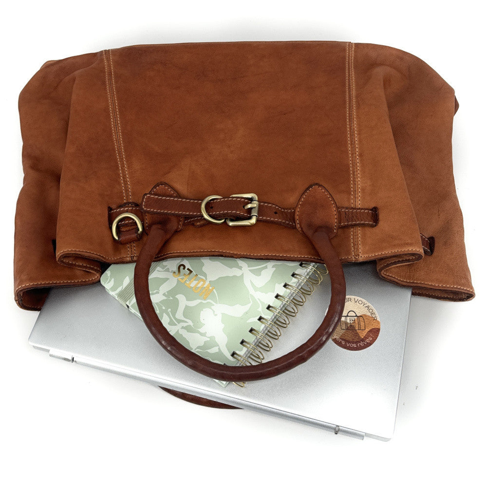 Grand sac cabas en cuir souple tannage végétal DEMETER Camel foncé
