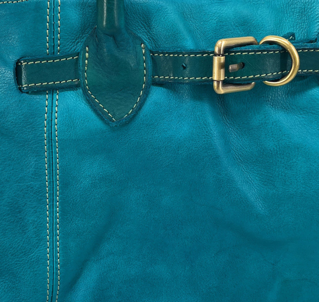 Grand sac cabas en cuir souple tannage végétal DEMETER Bleu vert canard