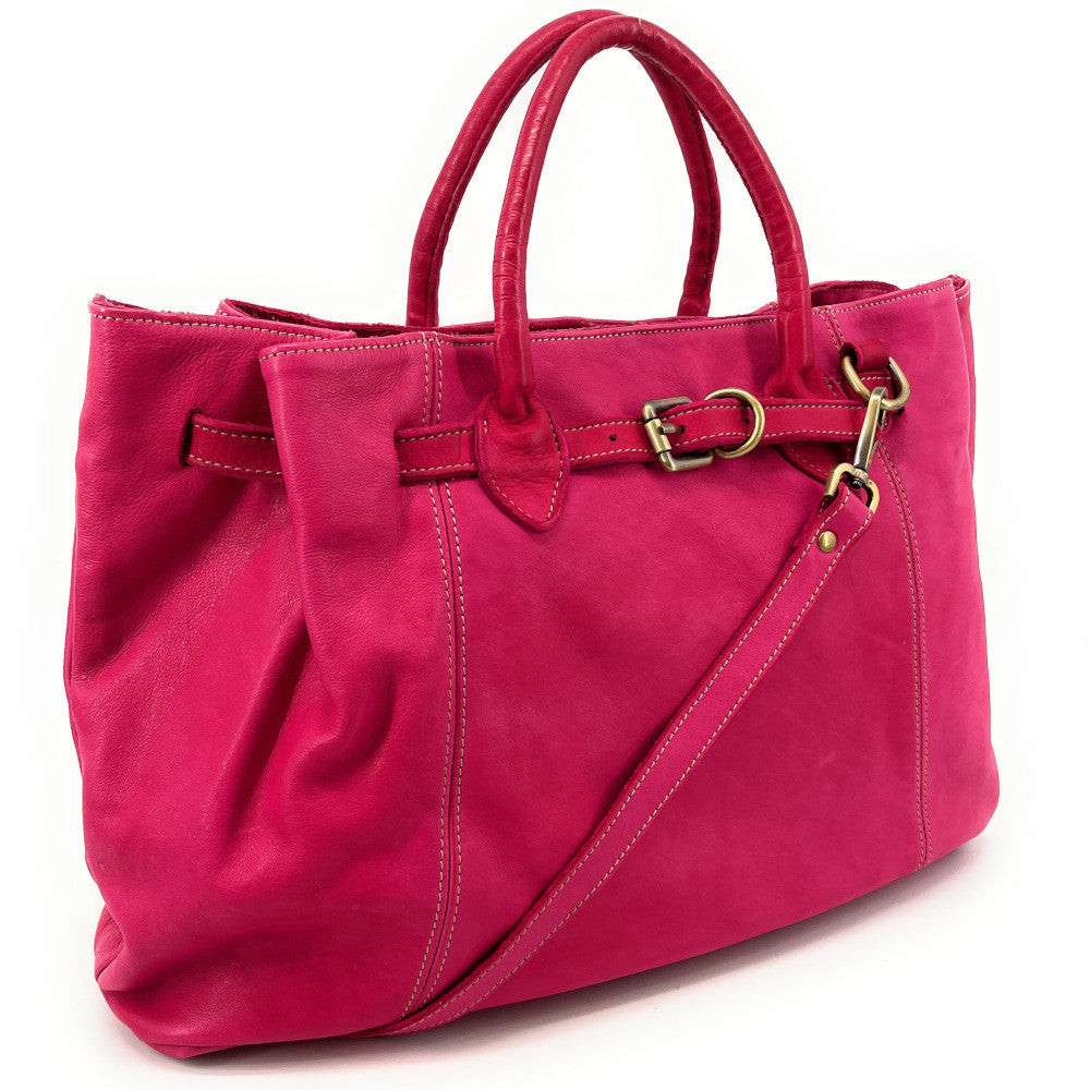 Grand sac cabas en cuir souple tannage végétal DEMETER Rose fuchsia