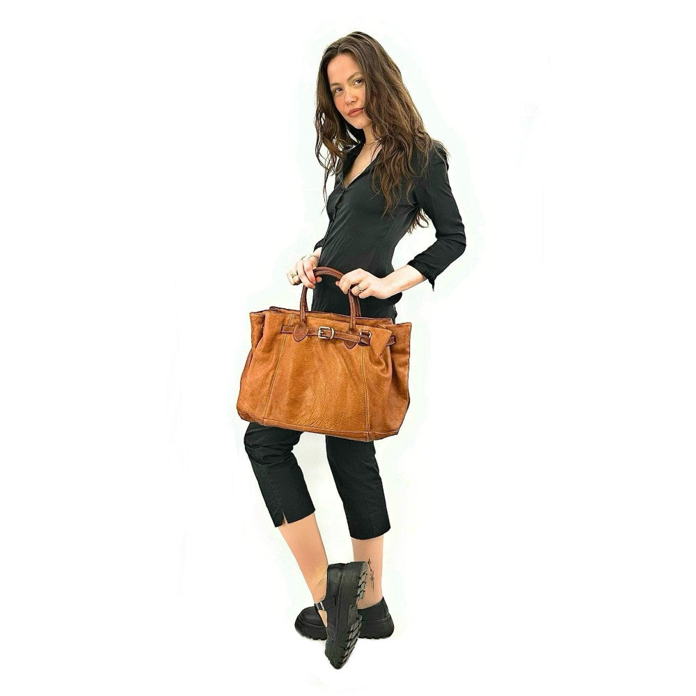 Grand sac cabas en cuir souple tannage végétal DEMETER Camel foncé