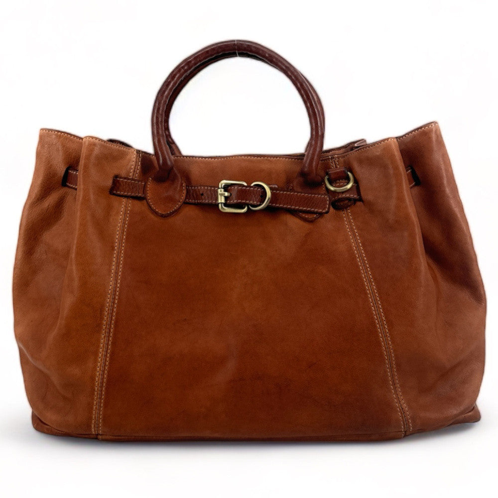 Grand sac cabas en cuir souple tannage végétal DEMETER Camel foncé