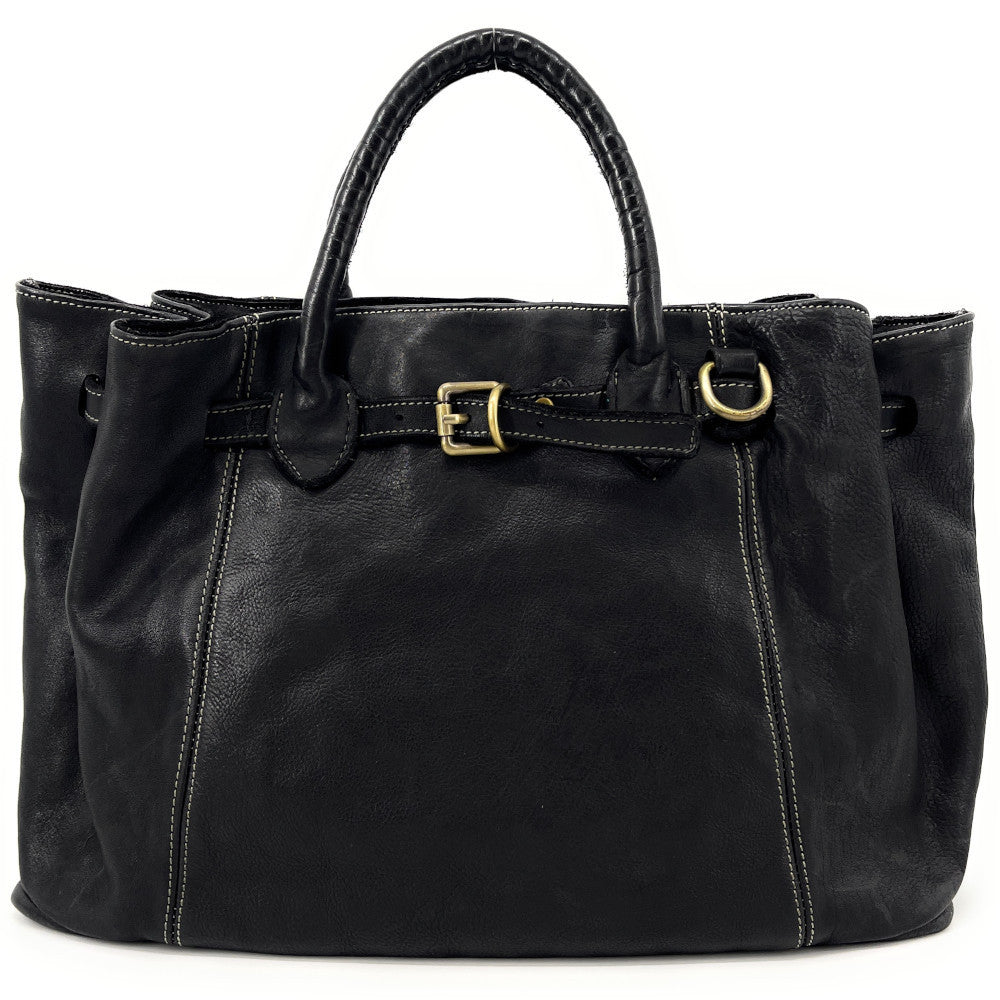 Grand sac cabas en cuir souple tannage végétal DEMETER Noir