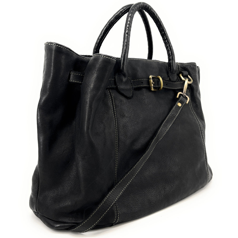 Grand sac cabas en cuir souple tannage végétal DEMETER Noir