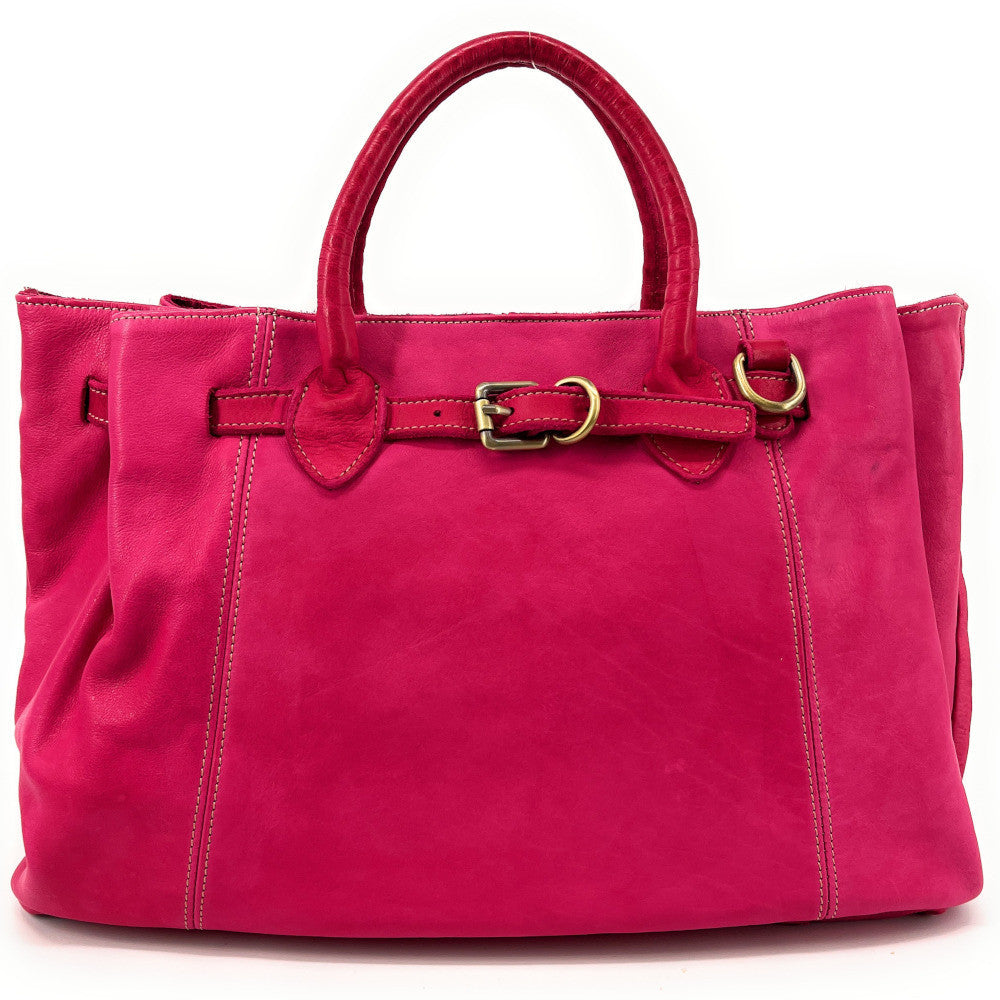 Grand sac cabas en cuir souple tannage végétal DEMETER Rose fuchsia