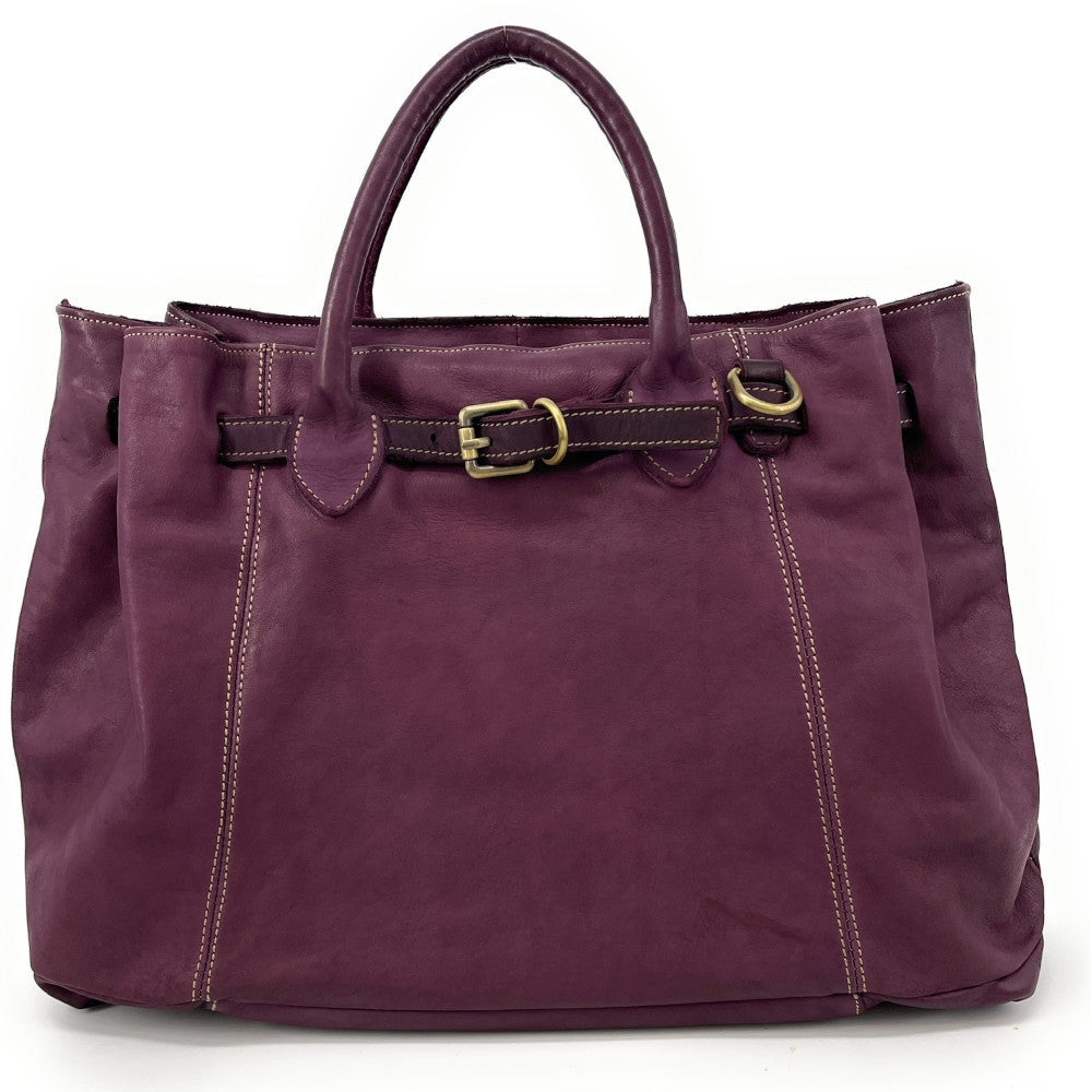 Grand sac cabas en cuir souple tannage végétal DEMETER Prune
