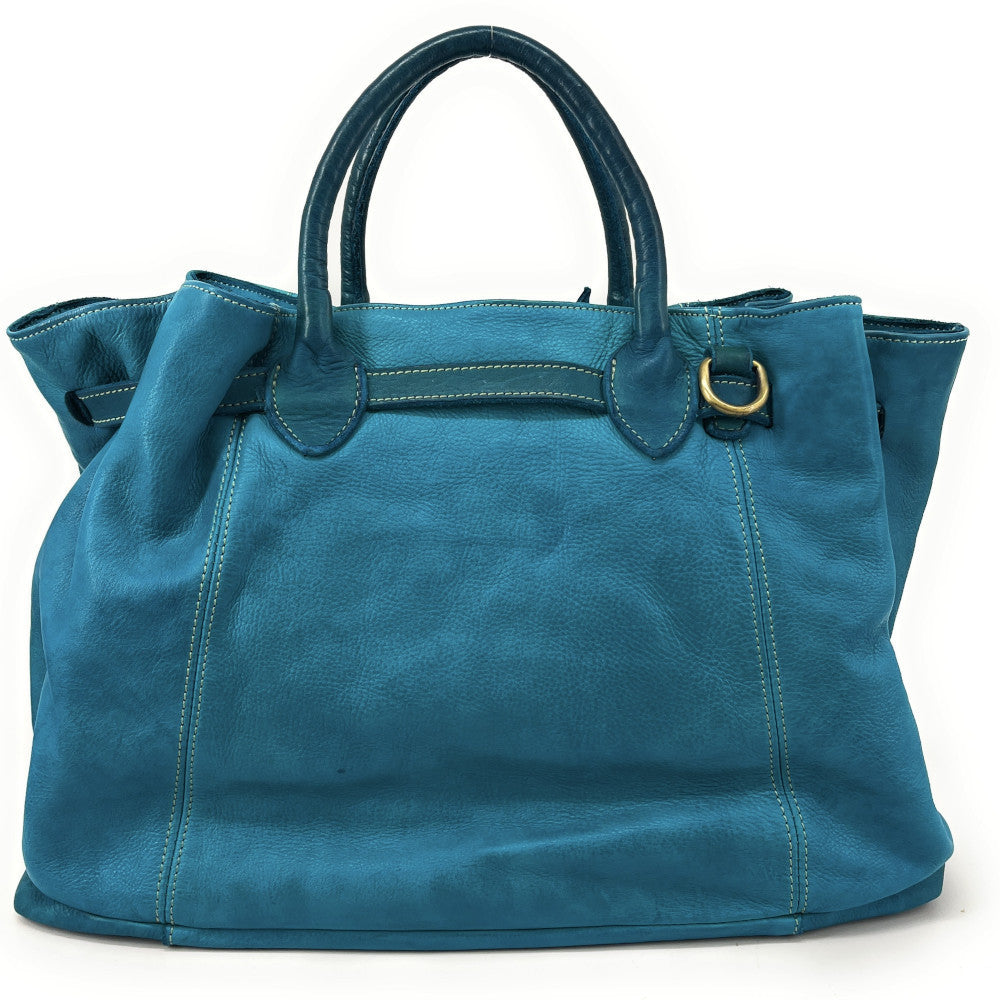 Grand sac cabas en cuir souple tannage végétal DEMETER Bleu vert canard