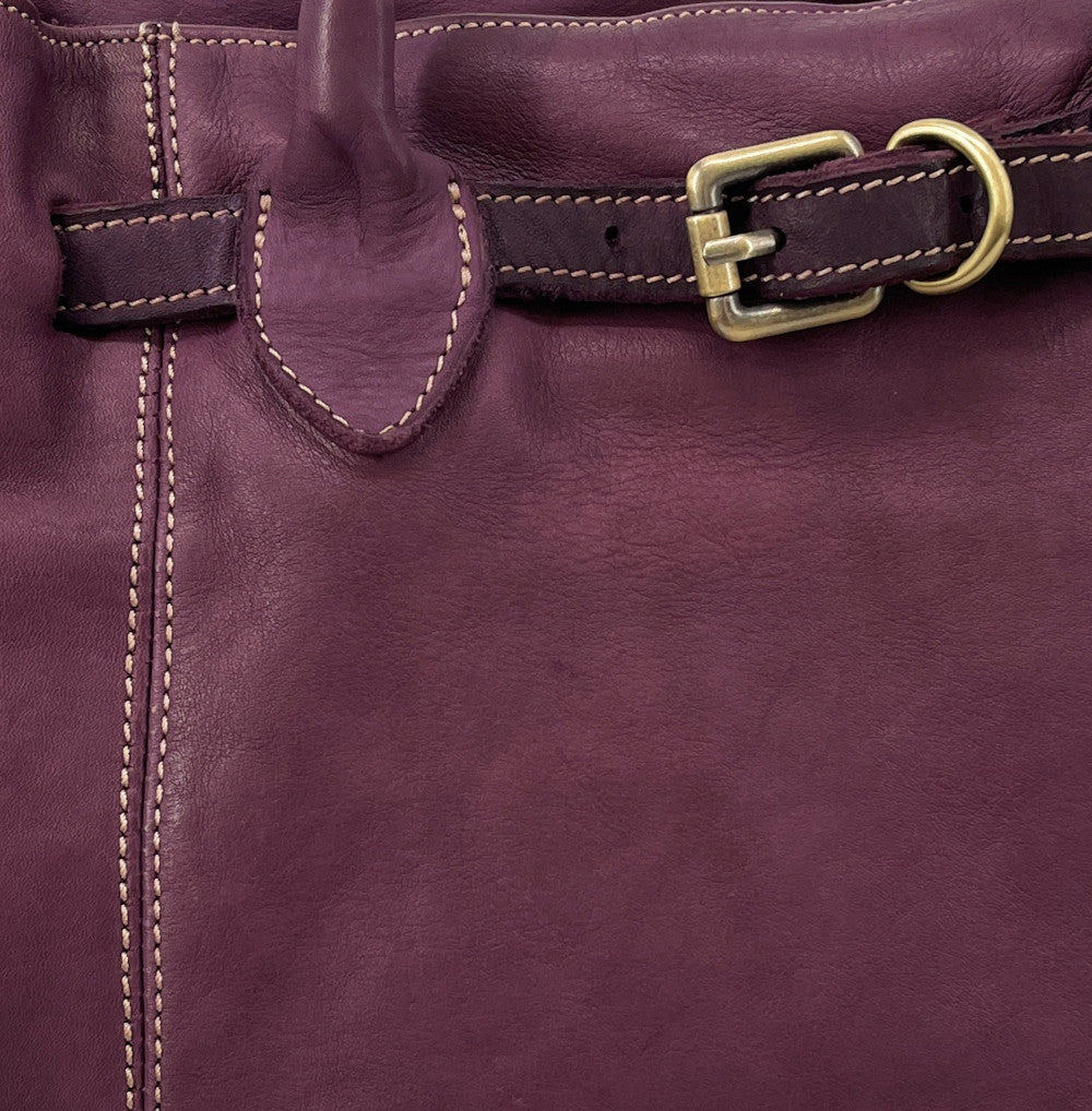 Grand sac cabas en cuir souple tannage végétal DEMETER Prune