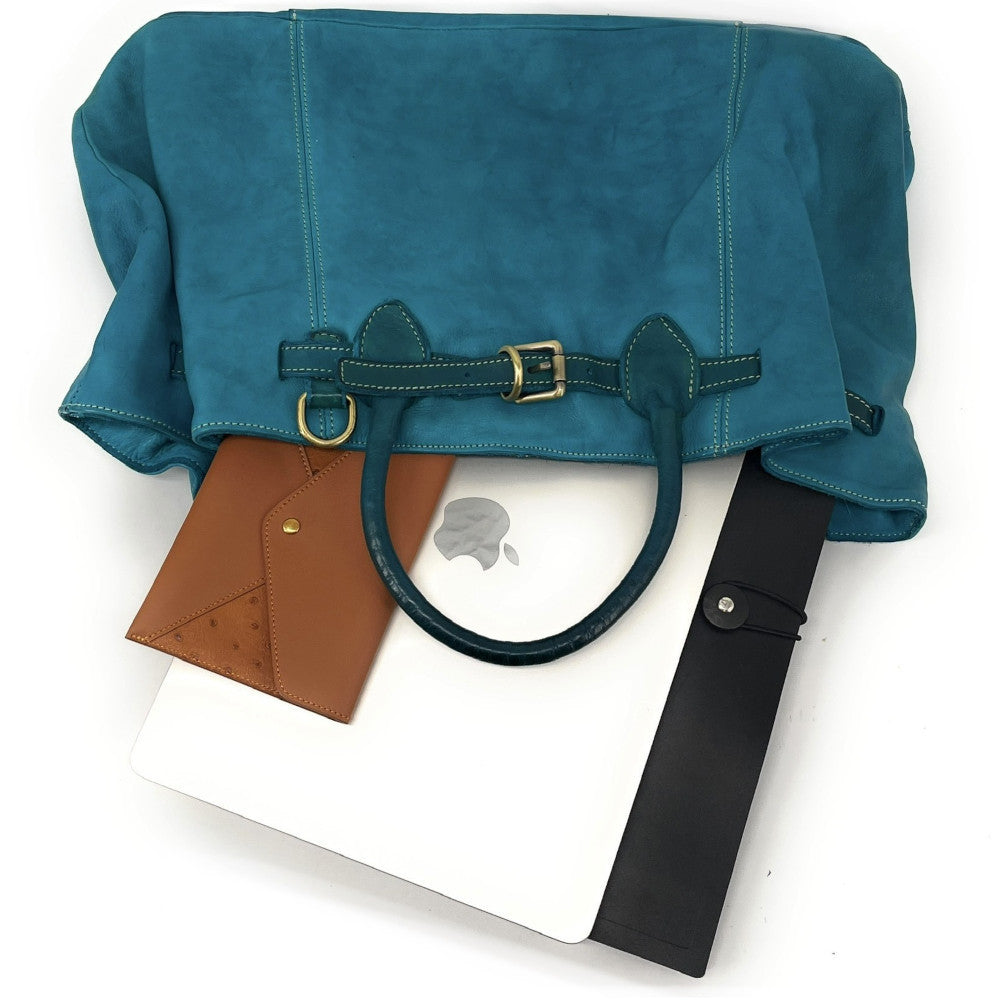 Grand sac cabas en cuir souple tannage végétal DEMETER Bleu vert canard