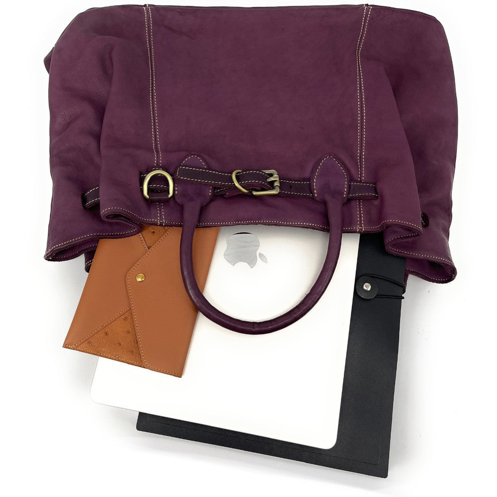 Grand sac cabas en cuir souple tannage végétal DEMETER Prune