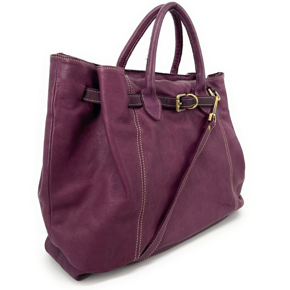Grand sac cabas en cuir souple tannage végétal DEMETER Prune