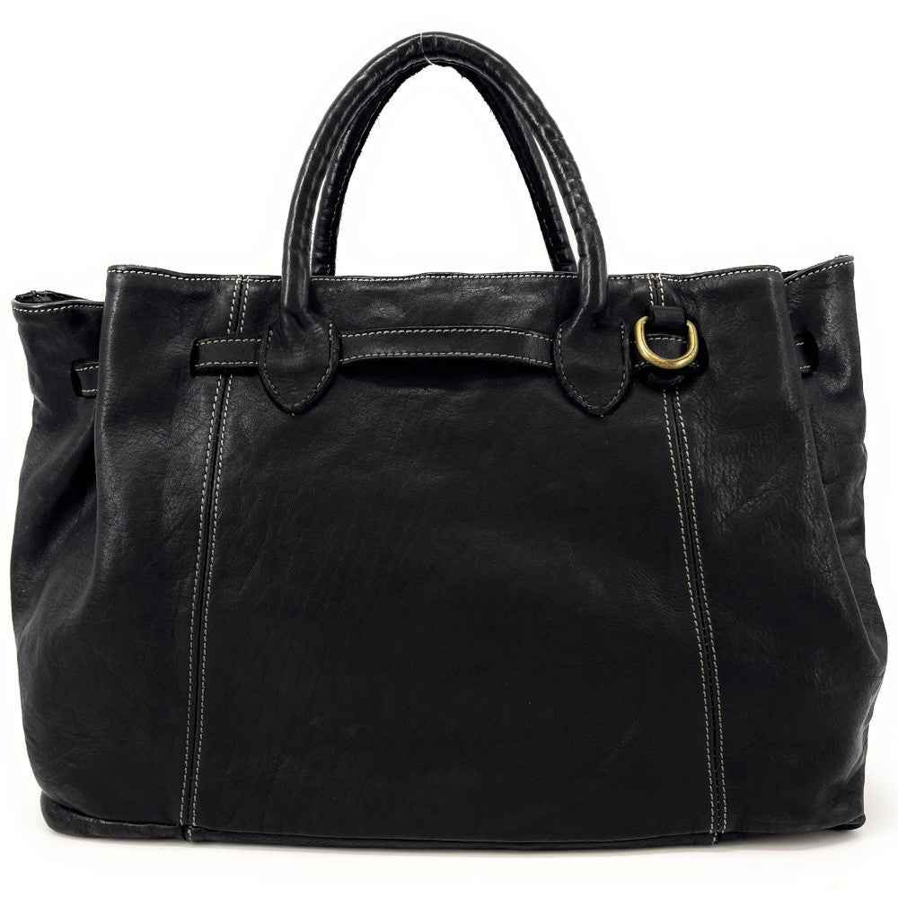 Grand sac cabas en cuir souple tannage végétal DEMETER Noir