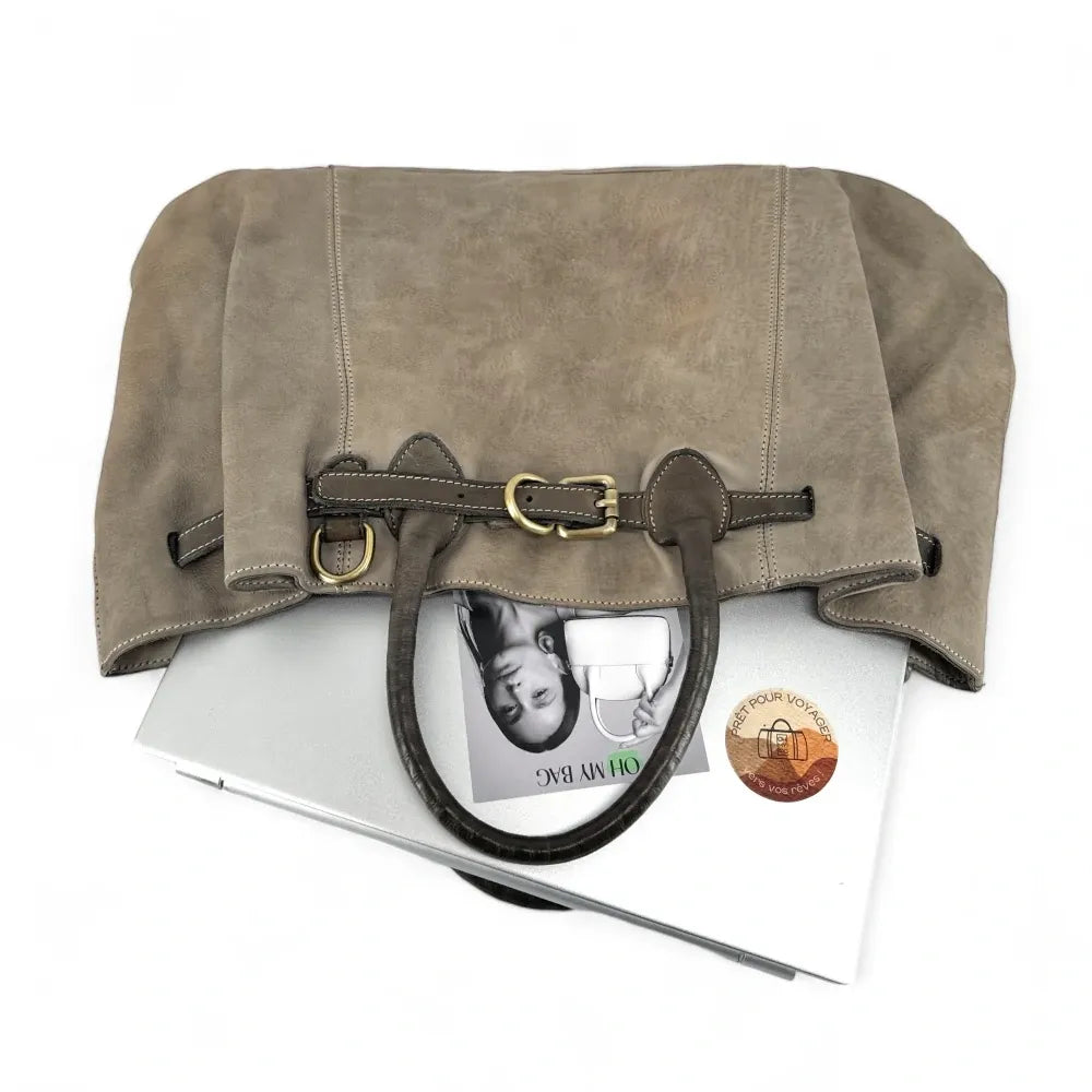 Grand sac cabas en cuir souple tannage végétal DEMETER Gris taupe clair