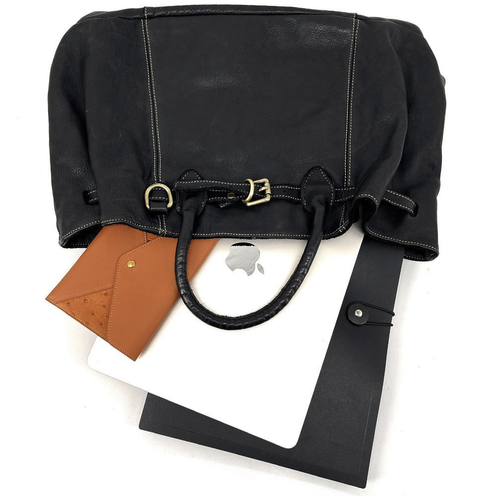 Grand sac cabas en cuir souple tannage végétal DEMETER Noir