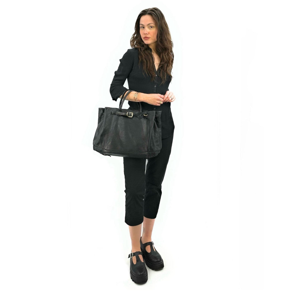 Grand sac cabas en cuir souple tannage végétal DEMETER Noir