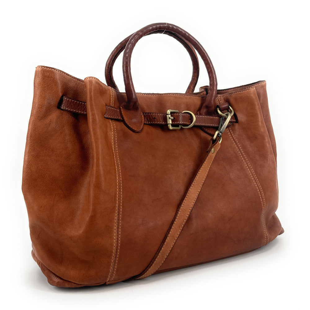 Grand sac cabas en cuir souple tannage végétal DEMETER Camel foncé