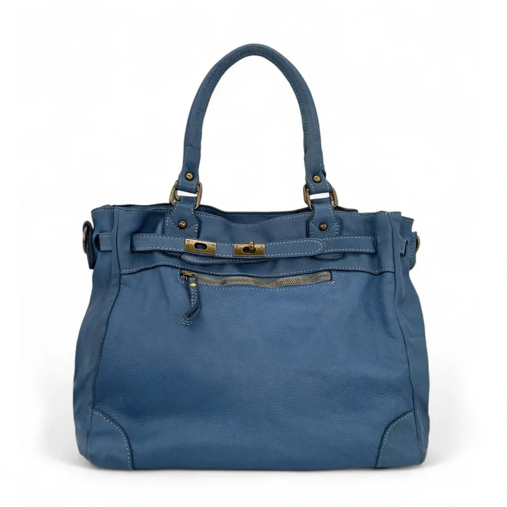 Sac cabas en cuir vintage MISS JEANNE Bleu denim