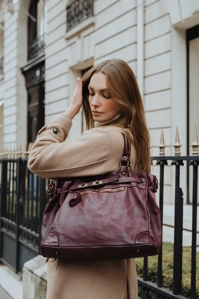 Sac cabas en cuir vintage MISS JEANNE Rouge bordeaux