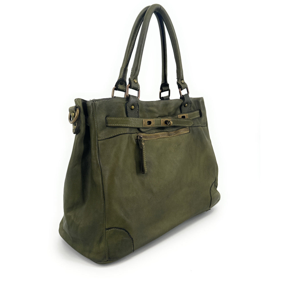 Sac cabas en cuir vintage MISS JEANNE Vert olive