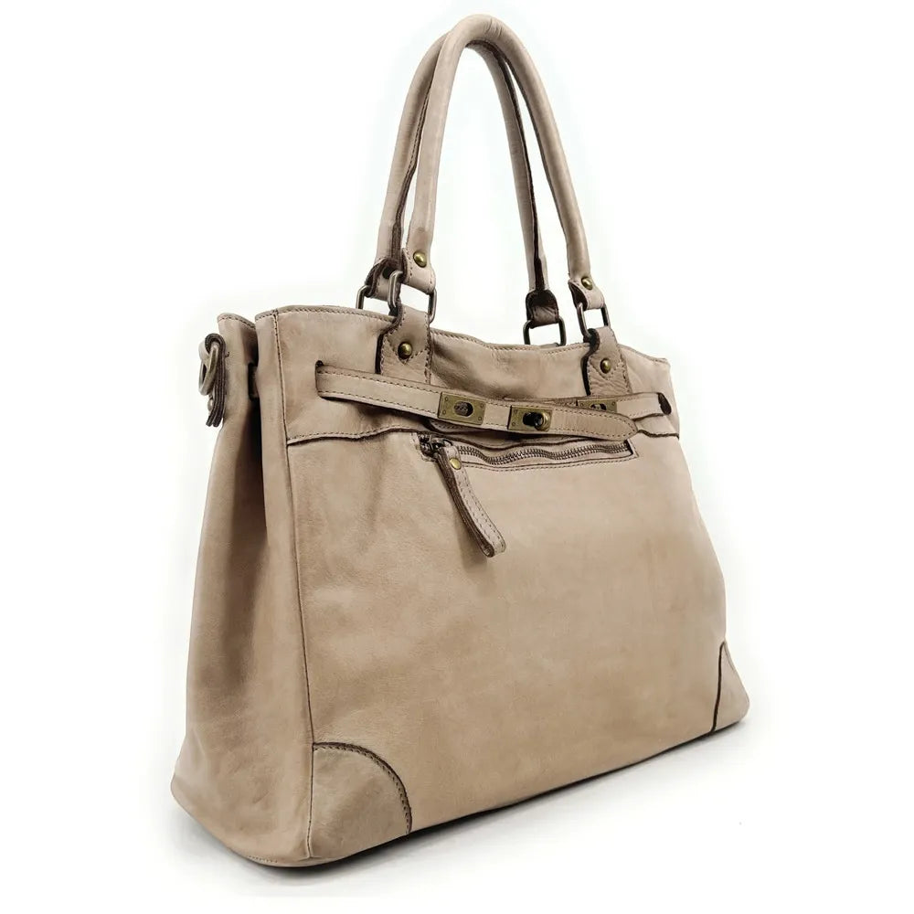Sac cabas en cuir vintage MISS JEANNE Taupe clair