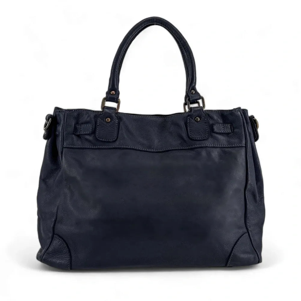 Sac cabas en cuir vintage MISS JEANNE Bleu marine