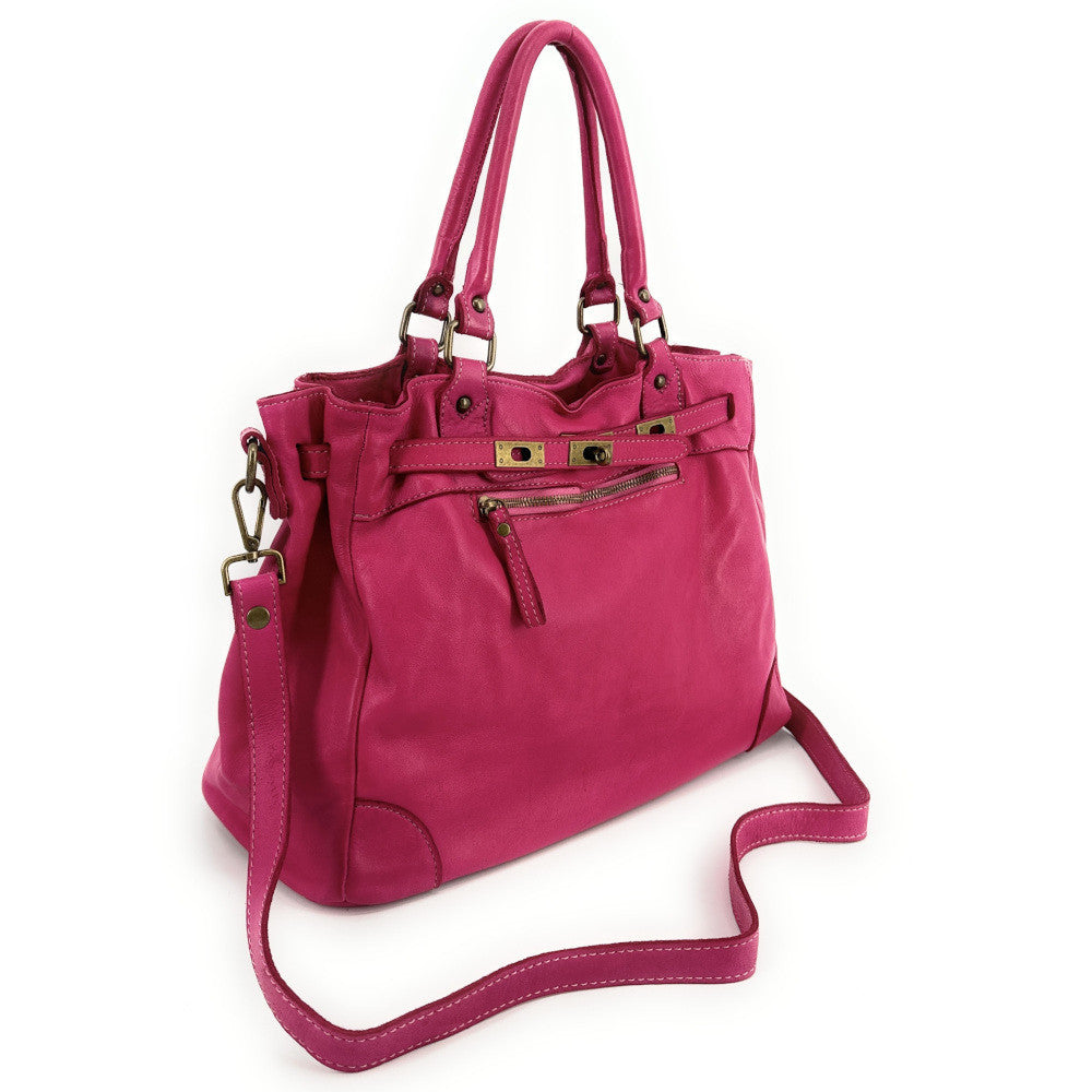 Sac cabas en cuir vintage MISS JEANNE Rose fuchsia