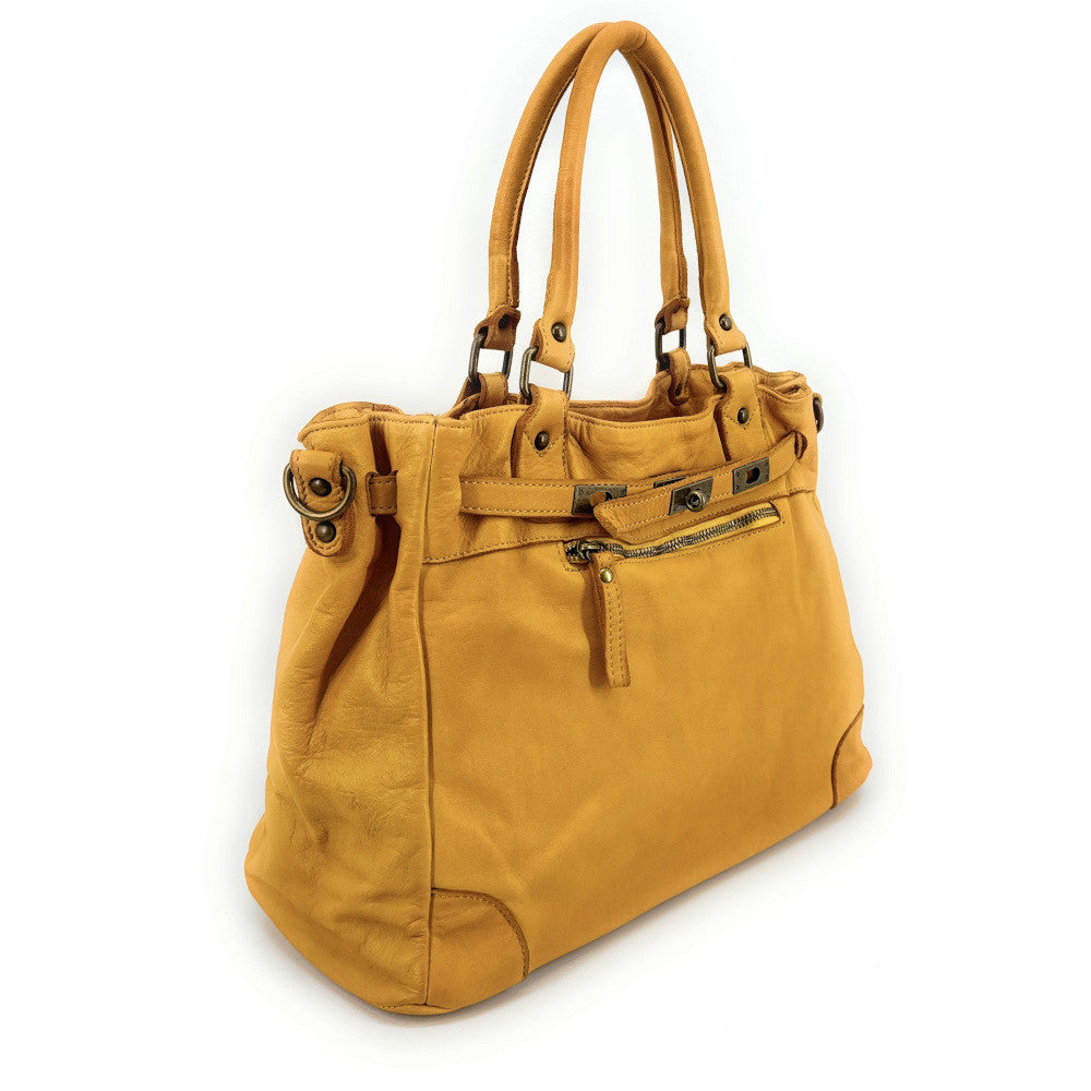 Sac cabas en cuir vintage MISS JEANNE Jaune Moutarde