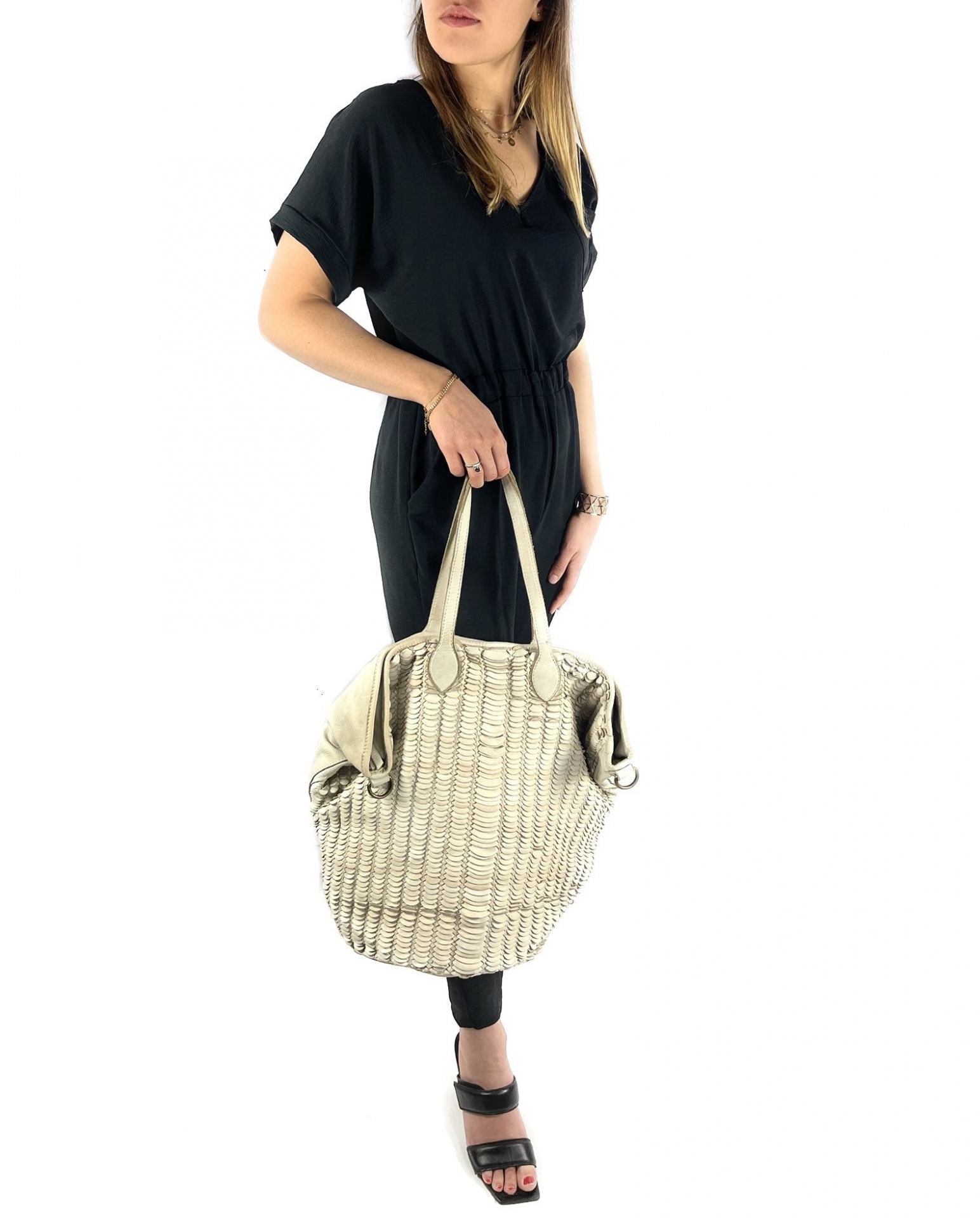 Sac cabas en cuir tressé vintage MISS SELAH Beige crème