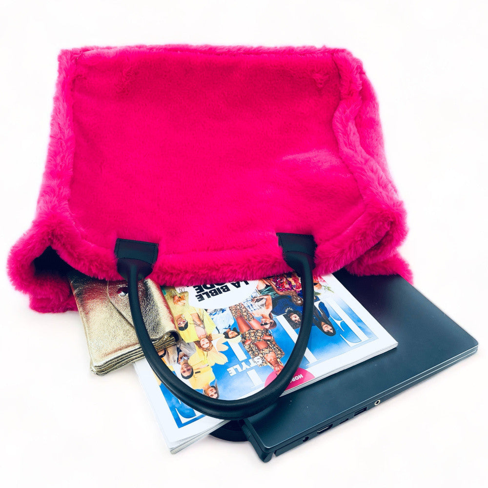 Sac cabas en fausse fourrure et cuir PILLOW Rose fuchsia