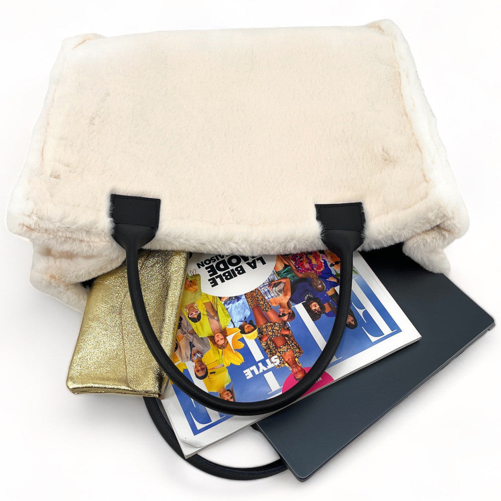 Sac cabas en fausse fourrure et cuir PILLOW Ecru