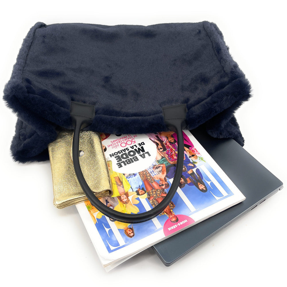 Sac cabas en fausse fourrure et cuir PILLOW Bleu marine