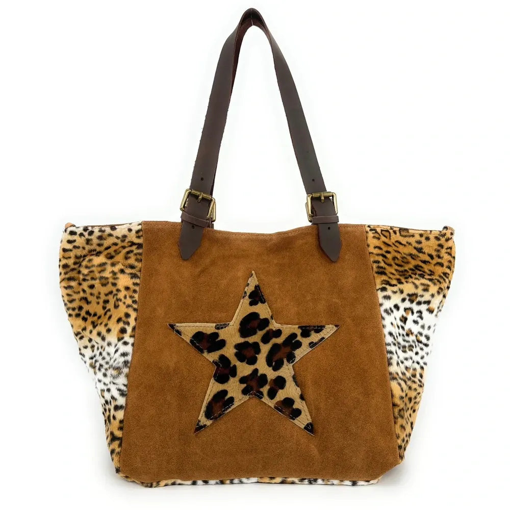 Sac cabas en croûte de cuir et fausse fourrure LEOSTAR Camel