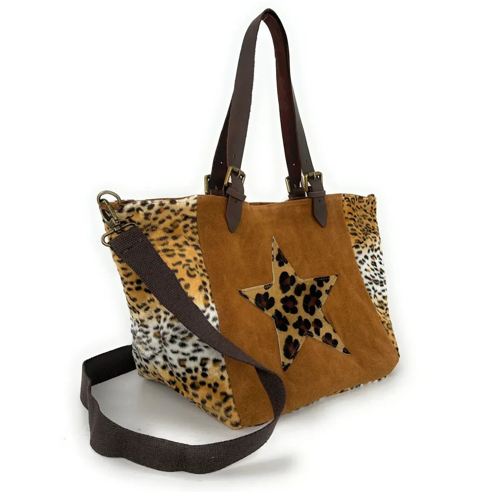 Sac cabas en croûte de cuir et fausse fourrure LEOSTAR Camel
