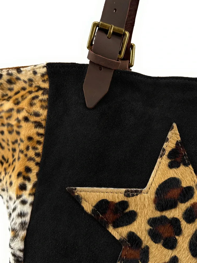 Sac cabas en croûte de cuir et fausse fourrure LEOSTAR Noir