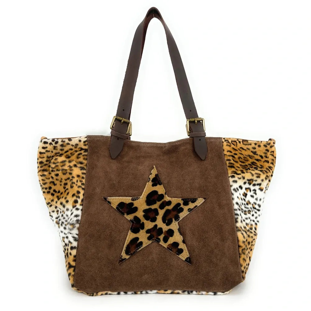 Sac cabas en croûte de cuir et fausse fourrure LEOSTAR Chocolat