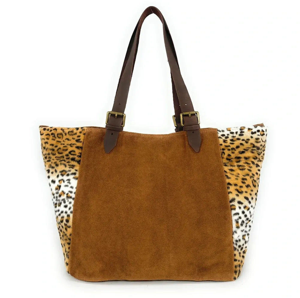 Sac cabas en croûte de cuir et fausse fourrure LEOSTAR Camel