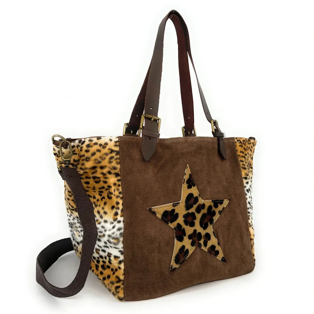 Sac cabas en croûte de cuir et fausse fourrure LEOSTAR Chocolat