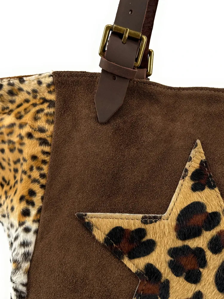 Sac cabas en croûte de cuir et fausse fourrure LEOSTAR Chocolat