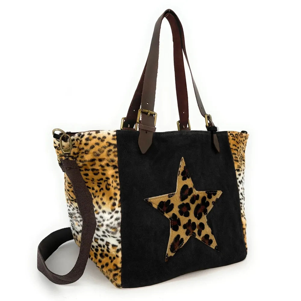 Sac cabas en croûte de cuir et fausse fourrure LEOSTAR Noir