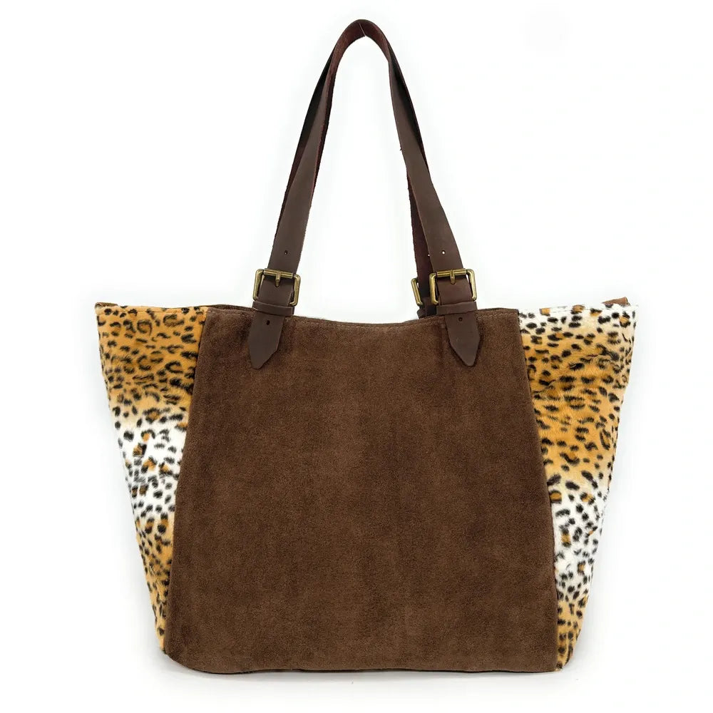 Sac cabas en croûte de cuir et fausse fourrure LEOSTAR Chocolat