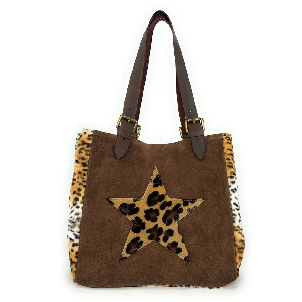 Sac cabas en croûte de cuir et fausse fourrure LEOSTAR Chocolat