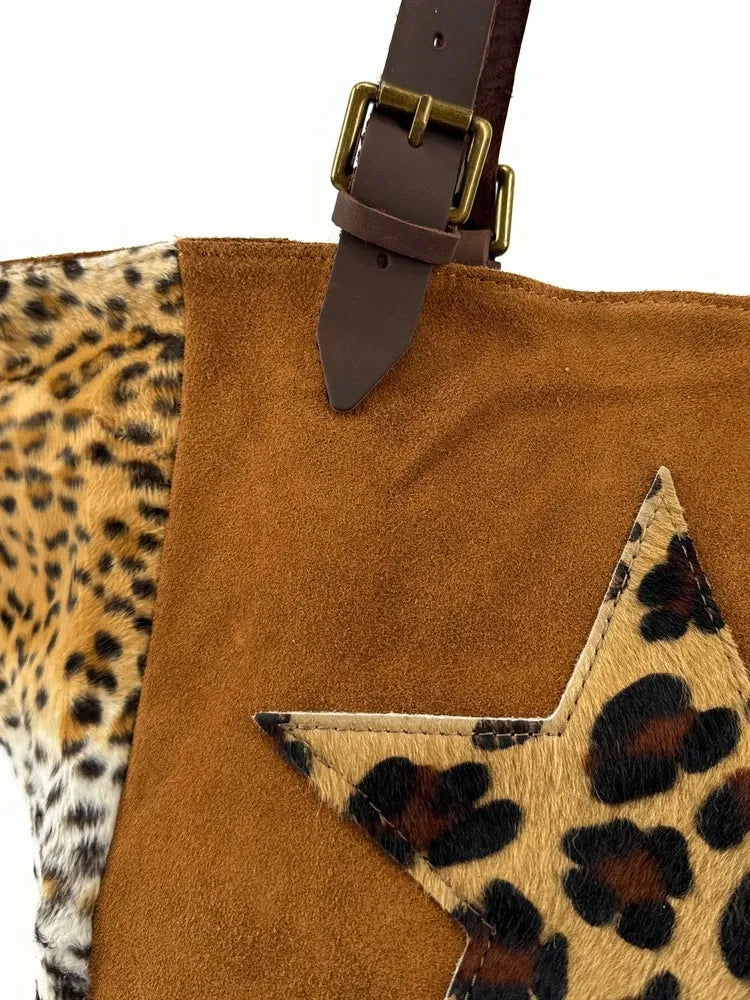 Sac cabas en croûte de cuir et fausse fourrure LEOSTAR Camel