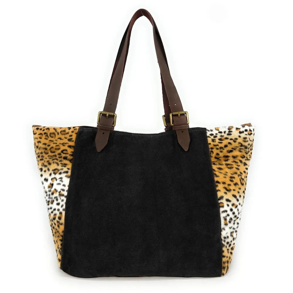 Sac cabas en croûte de cuir et fausse fourrure LEOSTAR Noir